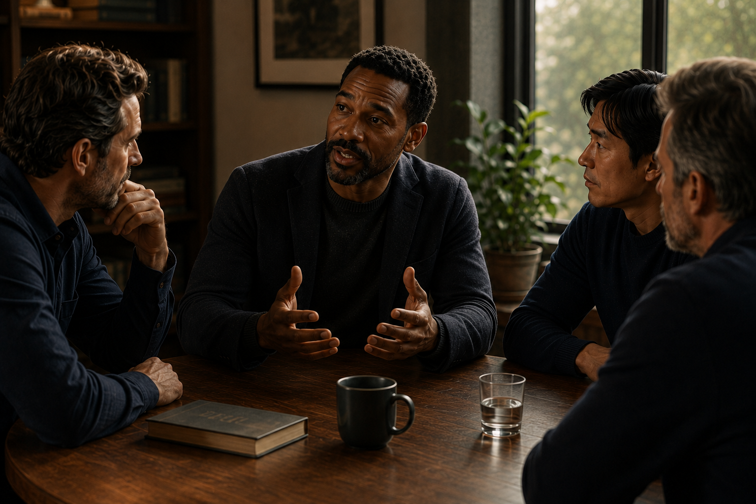 A man speaking at a table, the other men turned toward him, listening.